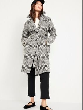 Old Navy | Black & White Plaid Belted Trench Coat | Women’s Size Large